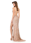 ASHLEYlauren 12217 | Rose Gold fully beaded sequin gown with scoop neckline, double straps, lace-up back, and thigh-high slit. Back