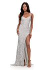 ASHLEYlauren 12217 | Silver fitted sequin gown featuring scoop neckline, lace-up back, and glamorous thigh-high slit