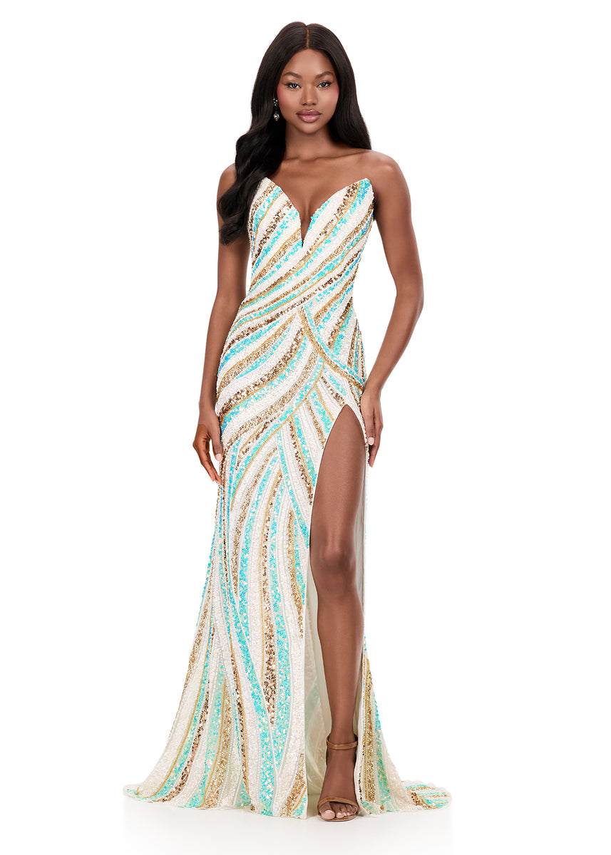 ASHLEYlauren Style 12218 - Beaded Strapless Dress with V-Neckline