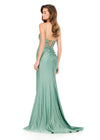 ASHLEYlauren 12220 | Sage ruched shimmer gown with lace up back and elegant sweep train. Back