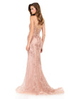 ASHLEYlauren 12221 | Rose-Gold embellished gown with metallic appliqué, illusion V-neckline, fitted shape, and statement train. Back