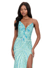ASHLEYlauren 12230 | Aqua beaded gown featuring intricate hand-placed beadwork, dramatic slit, and sculpted fit.