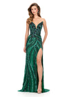 ASHLEYlauren 12230 | Emerald hand-beaded gown featuring shimmering beadwork, sculpted fit, and bold thigh-high slit.