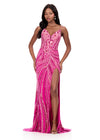 ASHLEYlauren 12230 | Fuchsia sparkly beaded gown with sculpted fit, sweetheart neckline, and red-carpet-ready high slit.