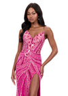 ASHLEYlauren 12230 | Fuchsia beaded gown featuring intricate hand-beading, adjustable lace-up back, and dramatic thigh-high slit.