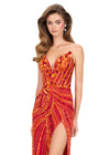 ASHLEYlauren 12230 | Orange hand-beaded prom gown with lace-up back, high slit, and shimmering fitted design.