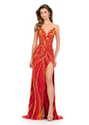 ASHLEYlauren 12230 | Orange sparkling beaded gown with curve-hugging fit, sweetheart bodice, and thigh-high slit.