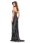 ASHLEYlauren 12230 | Silver-Black fully beaded gown with sweetheart neckline, lace-up back, high slit, and intricate hand-beaded detailing. Back
