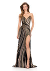 ASHLEYlauren 12231 | Gold-black beaded formal gown with swirl pattern, thigh-high slit, and glamorous sweeping train.