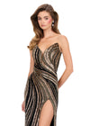 ASHLEYlauren 12231 | Gold-black strapless beaded evening gown featuring swirl beadwork, high slit, and sculpted fitted silhouette.