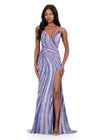 ASHLEYlauren 12231 | Lilac strapless beaded evening gown featuring swirl embellishment, fitted silhouette, thigh-high slit, and sweeping train.
