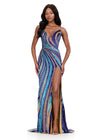 ASHLEYlauren 12231 | Multi-Nude fully beaded evening gown featuring multi-tone swirl design, fitted silhouette, and dramatic slit.