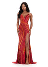 ASHLEYlauren 12231 | Orange-Red fully beaded gown featuring fitted silhouette, bold swirl detailing, and dramatic thigh-high slit.