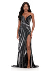 ASHLEYlauren 12231 | Silver-Black strapless beaded gown featuring curve-hugging silhouette, intricate swirl beadwork, and dramatic slit and train.