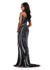 ASHLEYlauren 12231 | Silver-Black fully beaded gown with swirl embellishment, sweetheart bodice, high slit, and bold sweeping train. Back