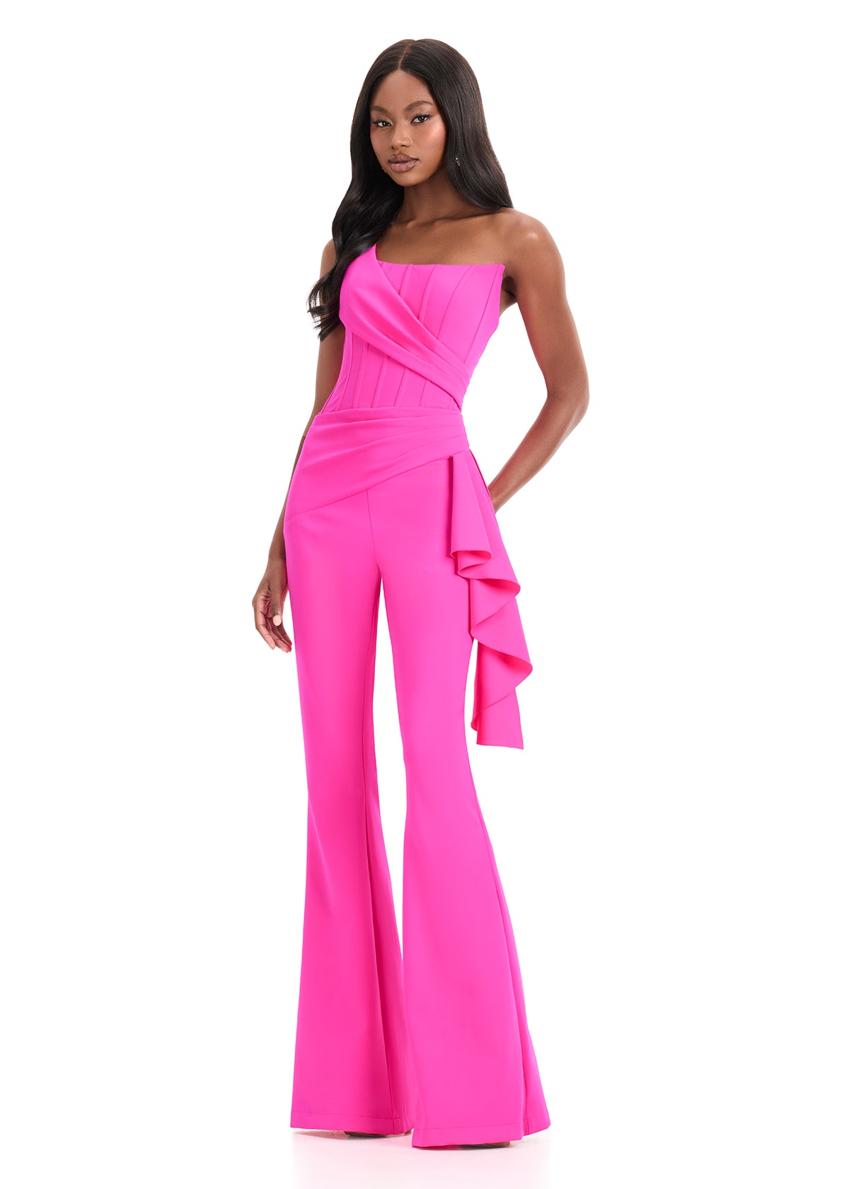 ASHLEYlauren Style 12233 - Scuba Jumpsuit with Cascading Ruffle