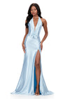 ASHLEYlauren 12238 | Sky fitted shimmer gown with deep neckline, gathered bodice, statement bow, and high slit