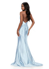 ASHLEYlauren 12238 | Sky shimmer jersey gown featuring a plunging neckline, ruched waist, bow detail, and thigh-high slit