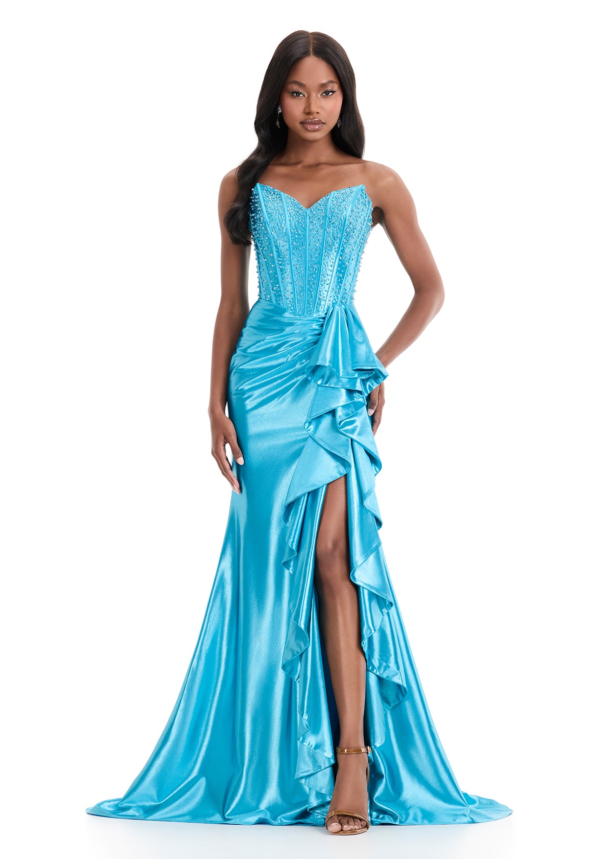 ASHLEYlauren Style 12240 - Corset Prom Dress with Ruffle Slit Detail ASHLEYlauren Style 12240 - Corset Prom Dress with Ruffle Slit Detail