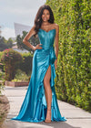 ASHLEYlauren 12240 | Turquoise shimmer jersey fitted gown with ruched sweetheart bodice, thigh-high slit and cascading ruffle detailing