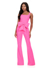 ASHLEYlauren 12242 | Hot-Pink tailored jumpsuit with structured bodice, statement bow detail, and flared leg silhouette