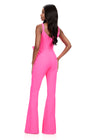ASHLEYlauren 12242 | Hot-Pink scuba jumpsuit featuring a square neckline, oversized bow waist detail, and flared pants