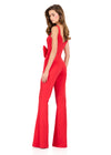 ASHLEYlauren 12242 | Red scuba jumpsuit featuring a square neckline, fitted bodice, oversized bow waist detail, and flared pants