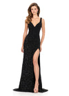 ASHLEYlauren 12243 | Black beaded fitted gown featuring a V-neckline, open back, and thigh-high slit