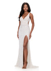 ASHLEYlauren 12243 | Ivory beaded evening gown with plunging neckline and elegant high slit