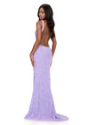 ASHLEYlauren 12243 | Lilac beaded fitted gown featuring a V-neckline, open back, and thigh-high slit