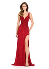 ASHLEYlauren 12243 | Red beaded evening gown with plunging neckline, open back, and dramatic slit