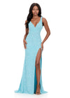 ASHLEYlauren 12243 | Sky beaded evening gown with plunging neckline, elegant open back, and high slit