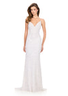ASHLEYlauren 12244 | Ivory beaded evening gown with plunging neckline, delicate straps, and flowing train