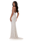 ASHLEYlauren 12244 | Silver beaded fitted gown featuring a V-neckline, double straps, low back, and elegant sweep train