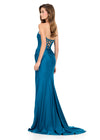 ASHLEYlauren 12247 | Peacock sleek jersey gown with lace up back and elegant sweep train. Back