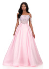 ASHLEYlauren 12248 | Ice-Pink strapless Mikado evening gown with pearl draped bodice and voluminous skirt