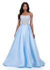 ASHLEYlauren 12248 | Sky strapless Mikado evening gown with pearl draped bodice and voluminous A-line skirt