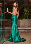ASHLEYlauren 12253 | Emerald fully beaded evening gown with V-neckline, heat-set swirl stone detailing, fitted silhouette, high slit, and low open back