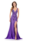 ASHLEYlauren 12253 | Purple fully beaded fitted gown with V neckline and high slit