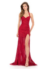 ASHLEYlauren 12256 | Deep Red fitted lace gown with halter inspired neckline and sweep train