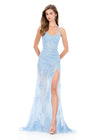 ASHLEYlauren 12256 | Sky fitted lace evening gown with halter neckline, open back, and elegant train
