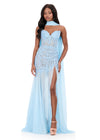 ASHLEYlauren 12257 | Sky strapless lace evening gown with sheer applique bodice and dramatic floor-length cape