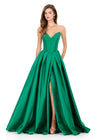 ASHLEYlauren 12266 | Emerald strapless Mikado evening gown with sculpted bodice, front slit, and dramatic skirt