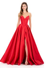 ASHLEYlauren 12266 | Red strapless Mikado ball gown with structured sweetheart bodice, dramatic full skirt, and elegant front slit