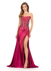 ASHLEYlauren 12267 | Berry fully beaded strapless gown with swirl bead pattern and thigh high slit