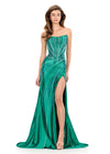 ASHLEYlauren 12267 | Emerald beaded evening gown featuring fitted silhouette and sweeping train