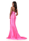 ASHLEYlauren 12267 | Pink strapless beaded gown featuring swirling bead pattern and dramatic slit