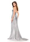 ASHLEYlauren 12267 | Silver strapless beaded gown featuring swirling bead patterns and a dramatic thigh high slit