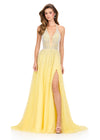 ASHLEYlauren 12268 | Yellow halter tulle gown featuring beaded bodice, floating A-line skirt, and shimmering gradient stone detailing.