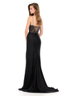 ASHLEYlauren 12270 | Black press-on jersey gown featuring a radiant beaded bodice, thin straps, and high slit